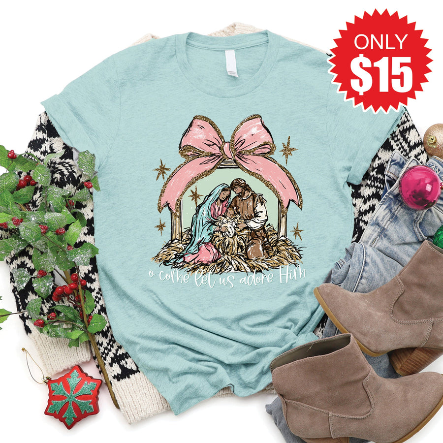 O Come Let Us Adore Him Tee - Heather Dusty Blue - 15 product image 1