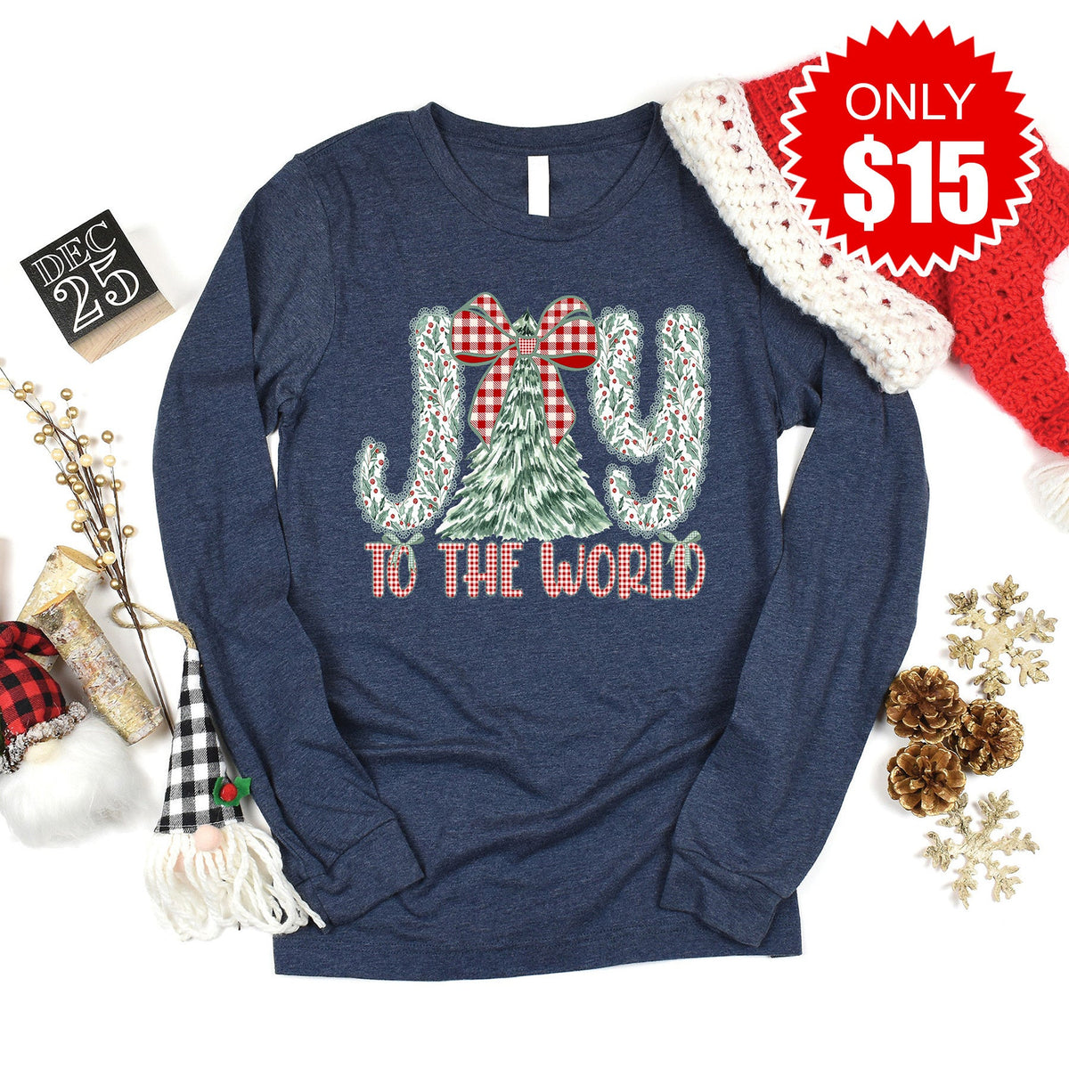 Joy to the World Christmas Tree Long Sleeve - Heather Navy product image 1