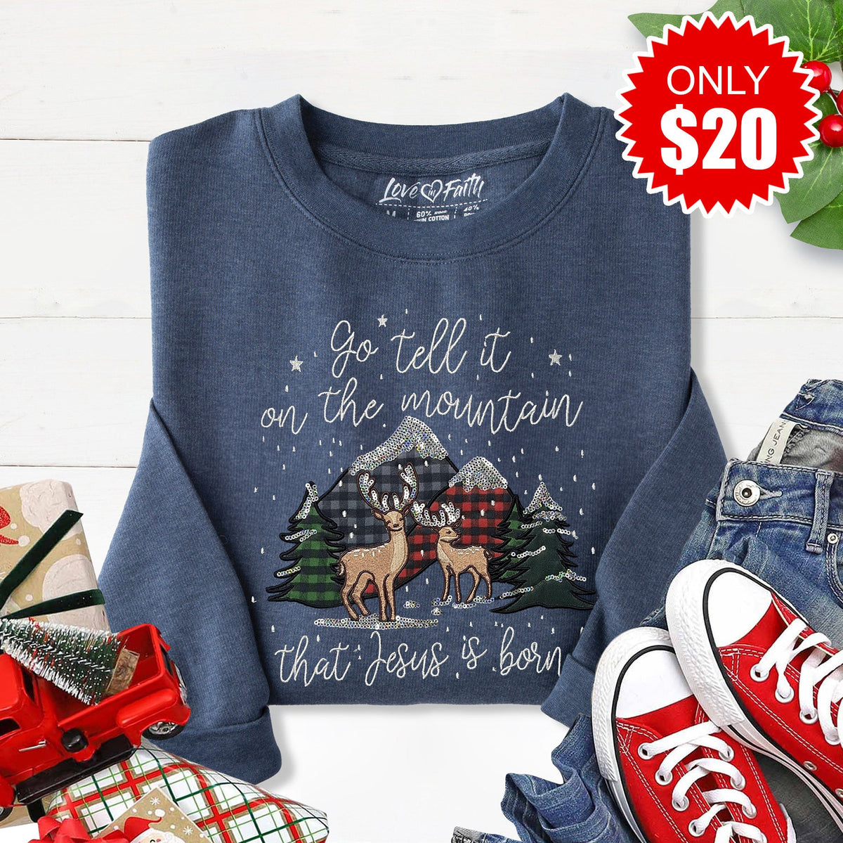 Go Tell Embellished Crewneck Sweatshirt - Heather Navy - 20 product image 1
