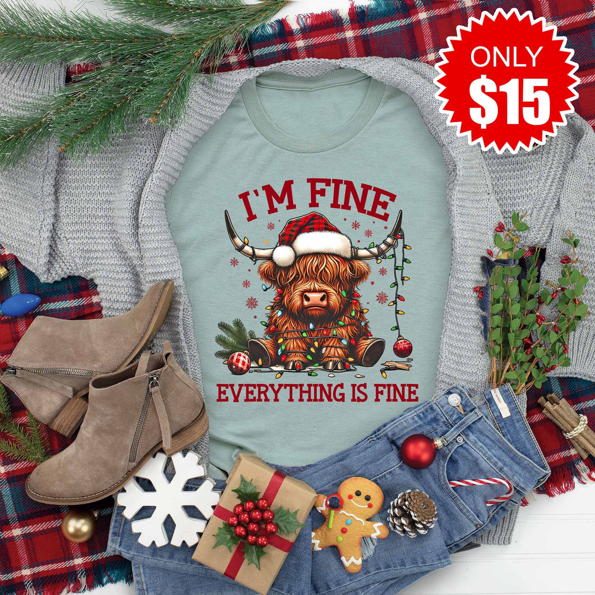 Everything is Fine Cow Tee - Heather Sage - 15 product image 1