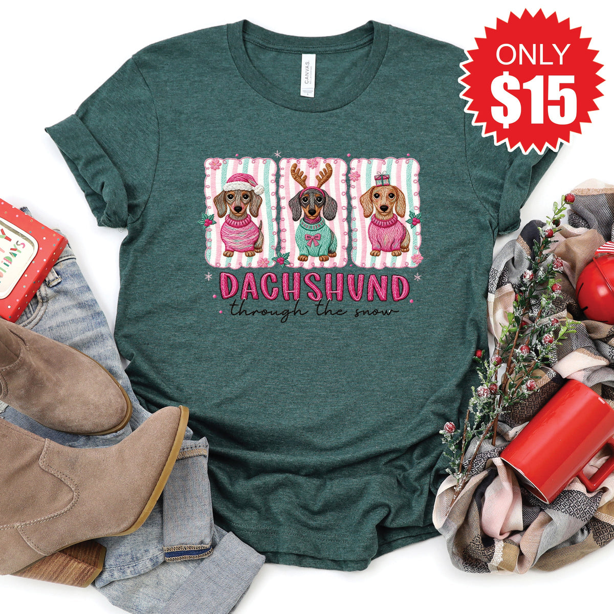 Dachshund Through The Snow Tee - Heather Forest - 15 product image 1