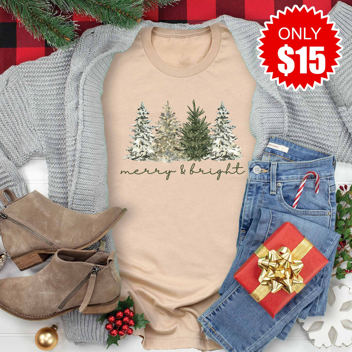 Merry & Bright Trees Tee - Heather Sand - 15 product image 1