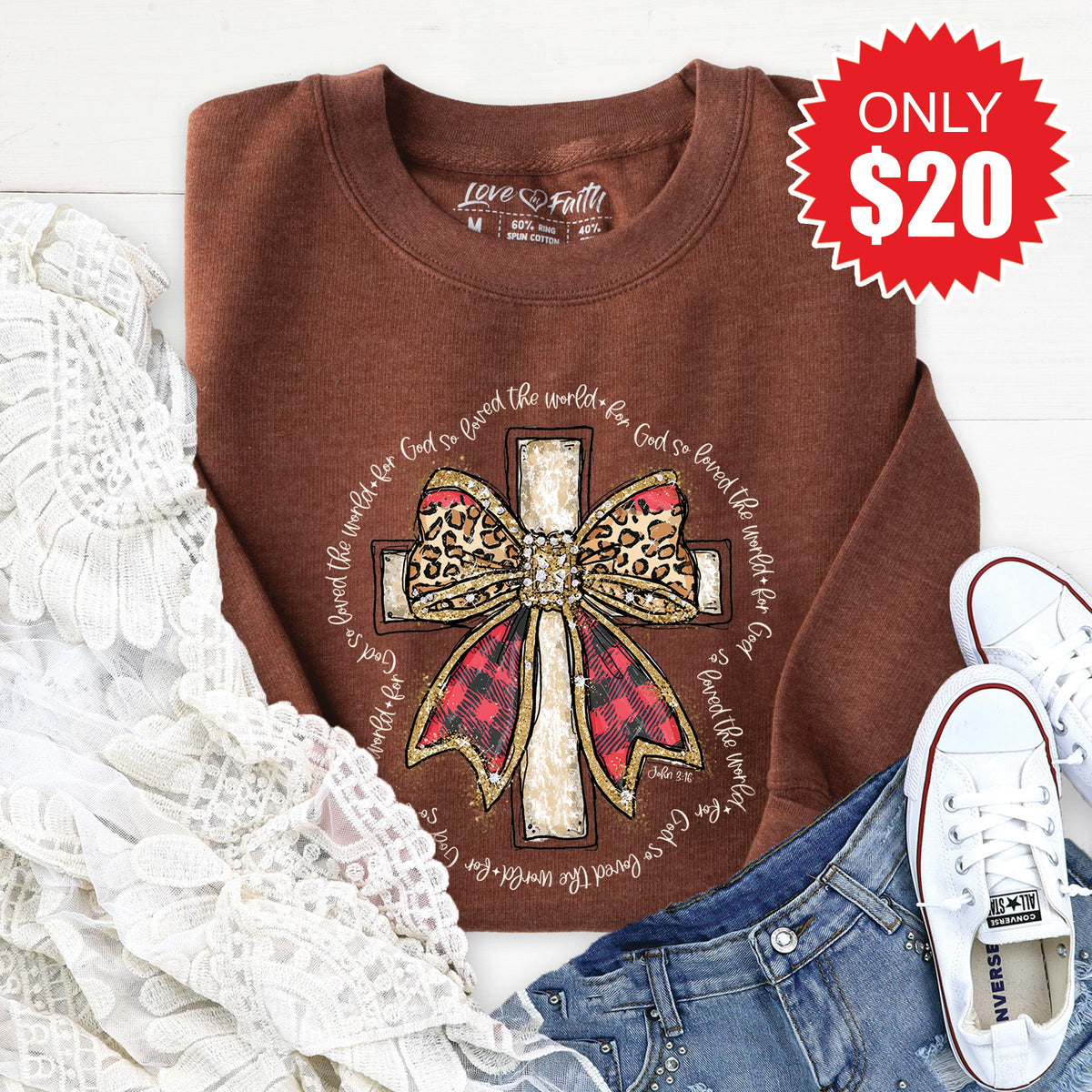 John 3:16 Cross Sweatshirt - Heather Brown - 20 product image 1