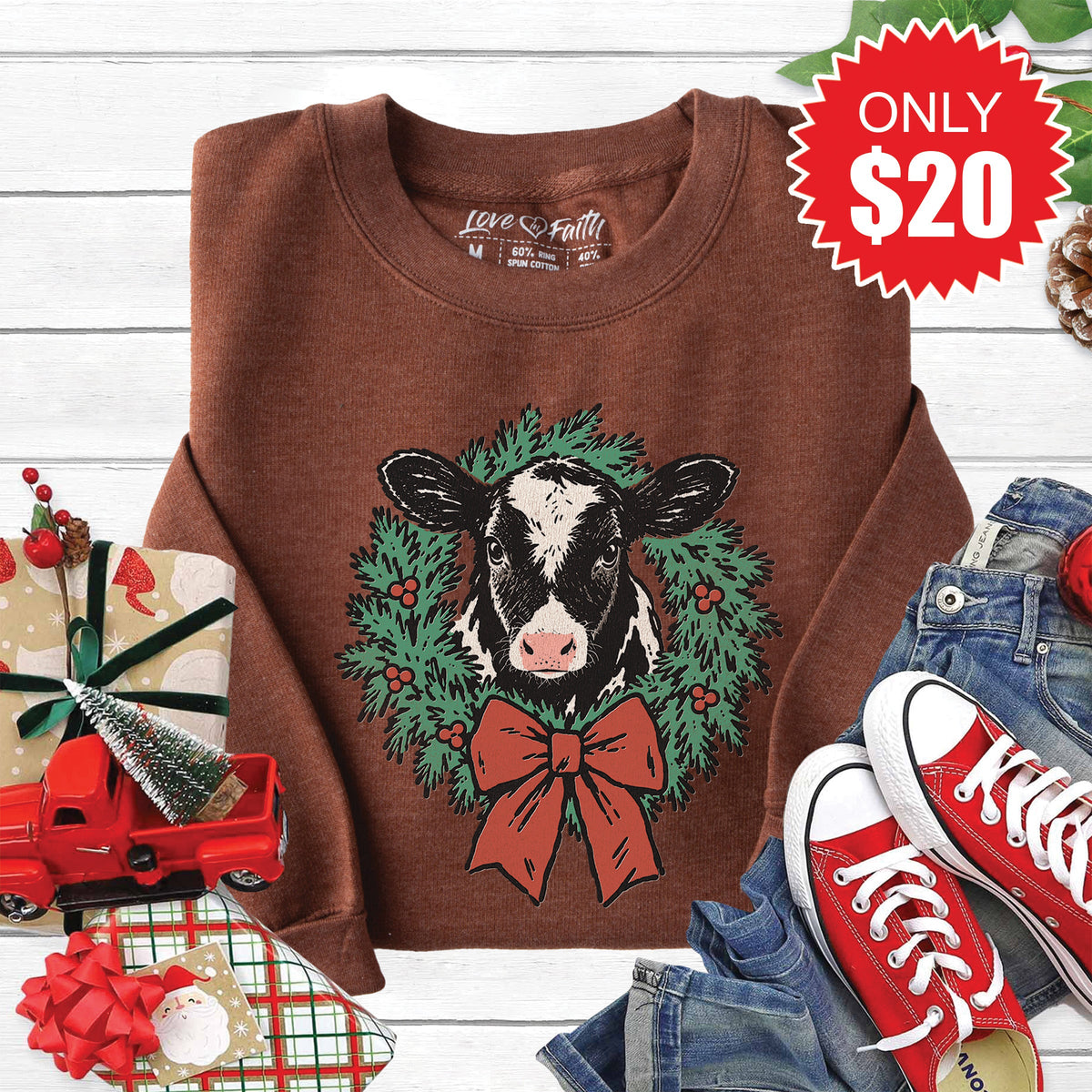 Christmas Cow Sweatshirt - Heather Brown - 20 product image 1