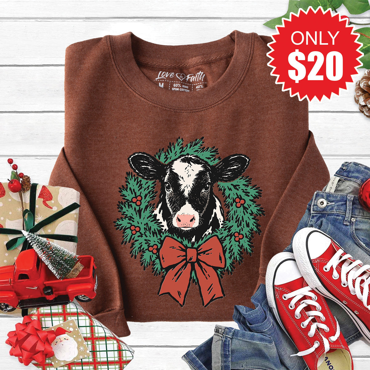 Christmas Cow Sweatshirt - Heather Brown - 20 product image 1