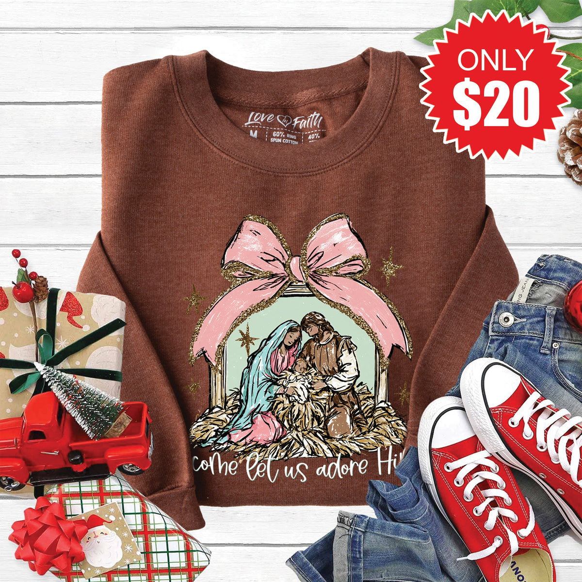 O Come Let Us Adore Him Sweatshirt - Heather Brown - 20 product image 1