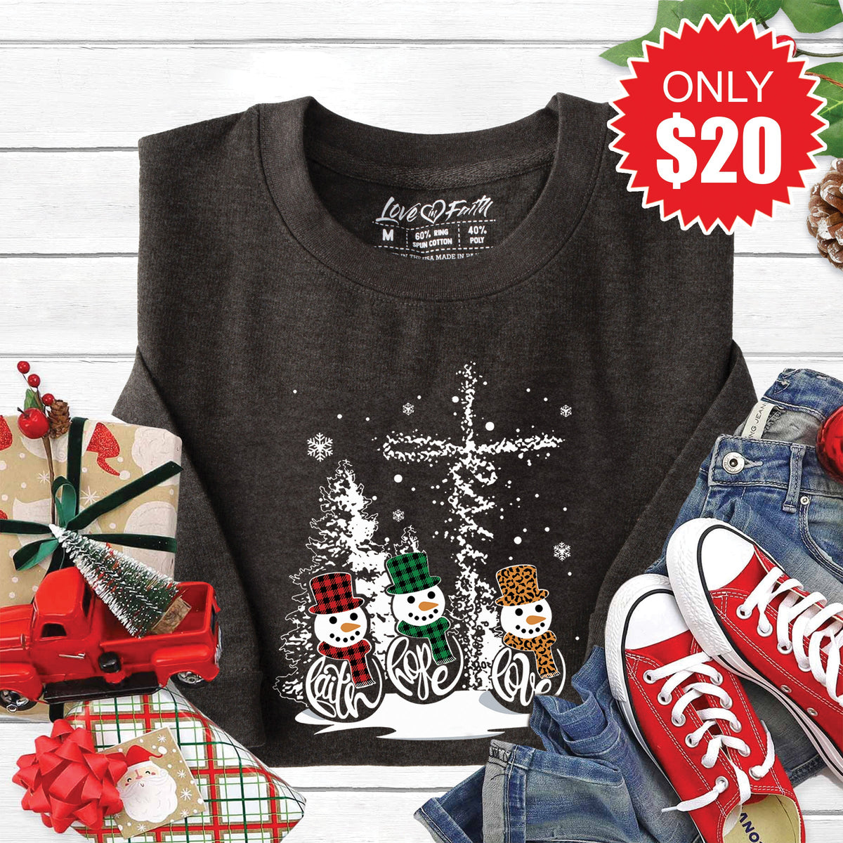 Faith Hope Love Snowmen Sweatshirt - Heather Charcoal - 20 product image 1
