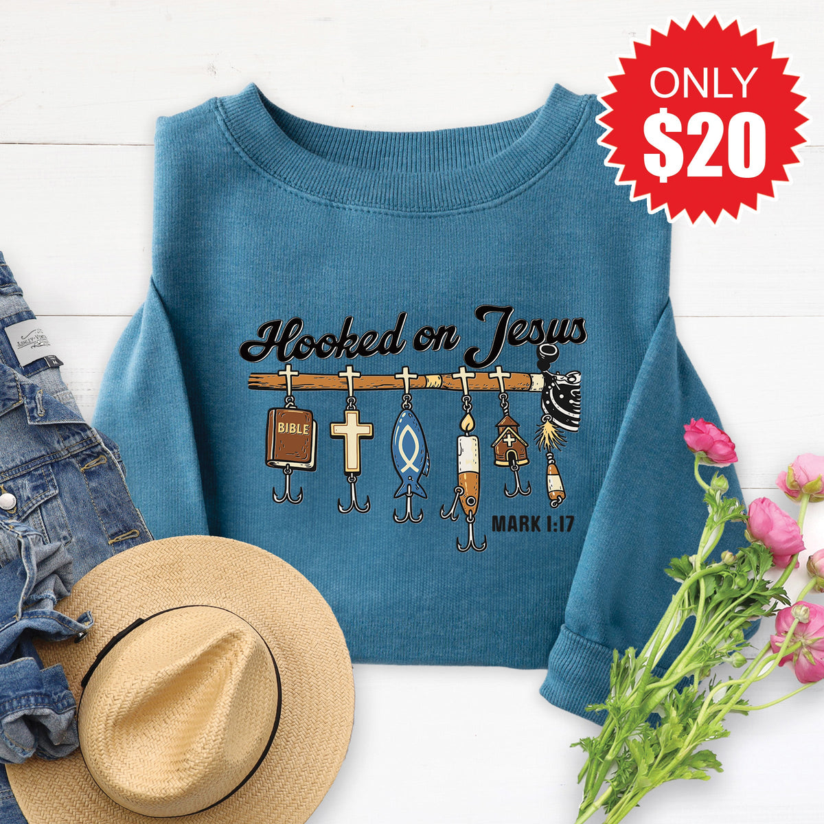 Hooked On Jesus Sweatshirt - Heather Deep Teal - 20 product image 1