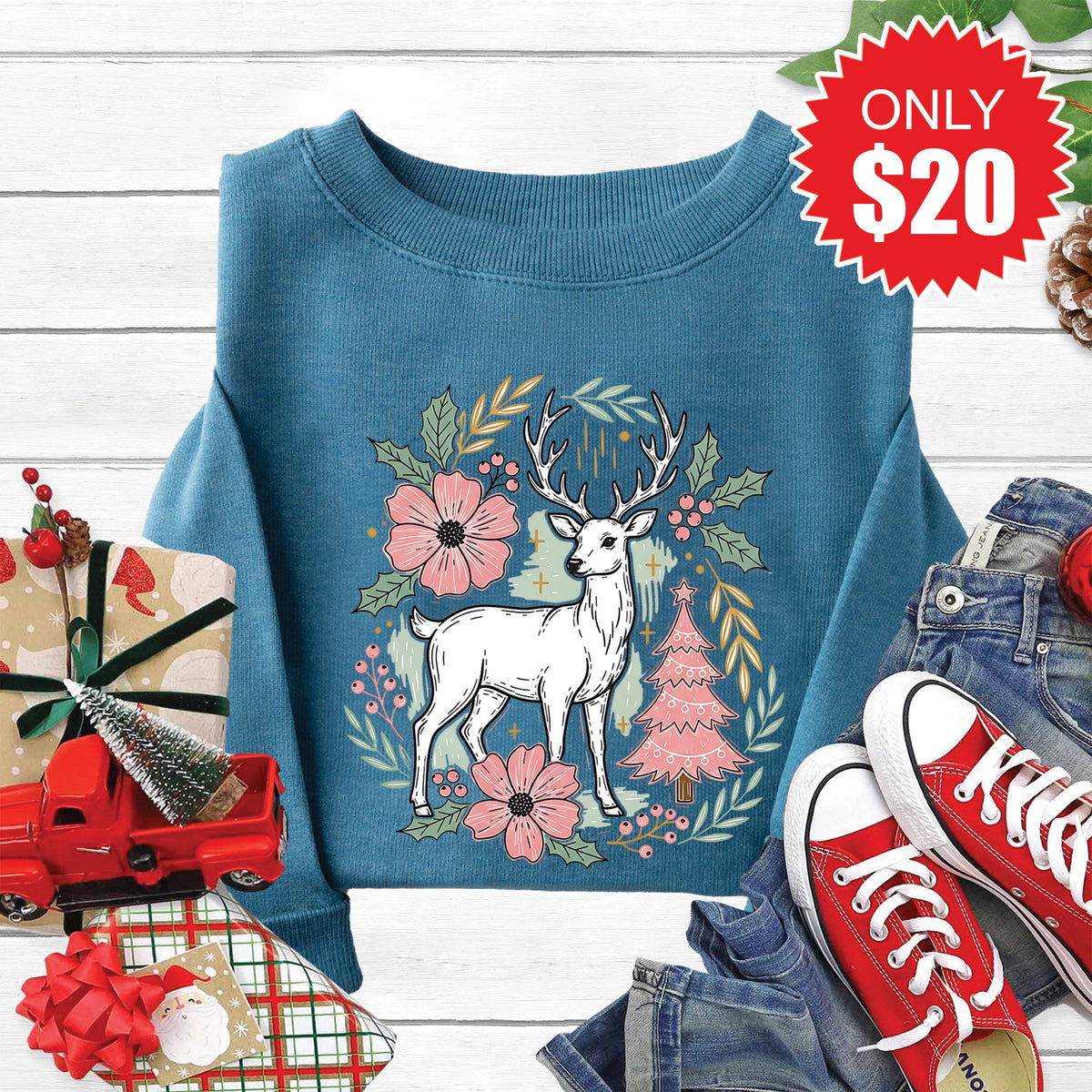 Reindeer Sweatshirt - Heather Deep Teal - 20 product image 1