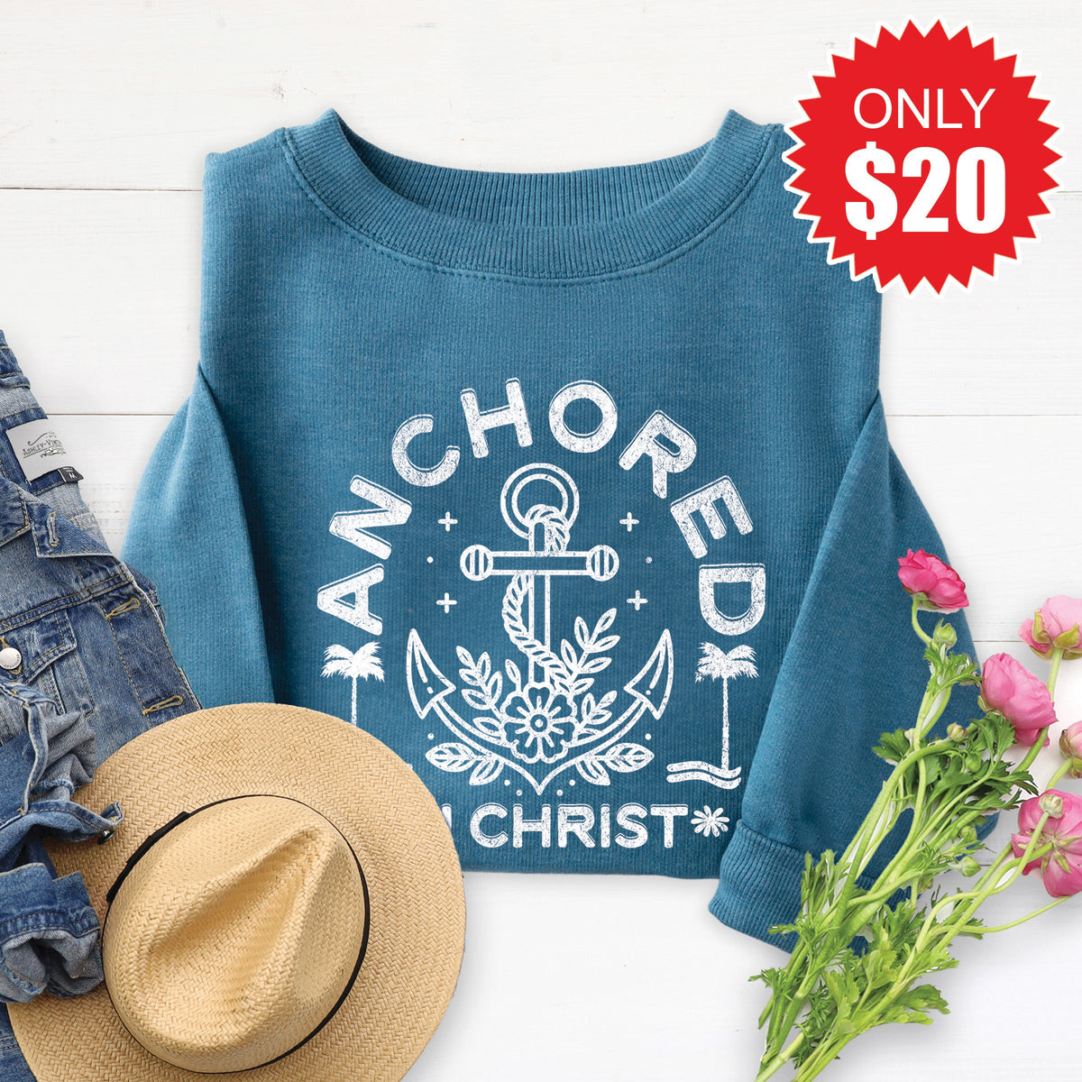 Anchored In Christ Sweatshirt - Heather Deep Teal - 20 product image 1