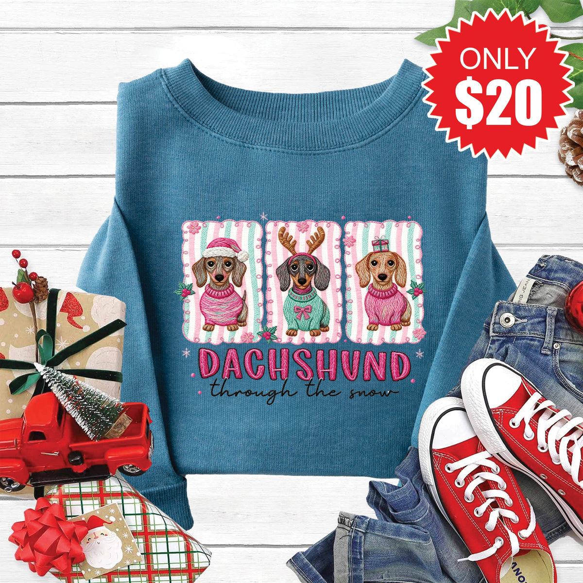 Dachshund Through The Snow Sweatshirt - Heather Deep Teal product image 1