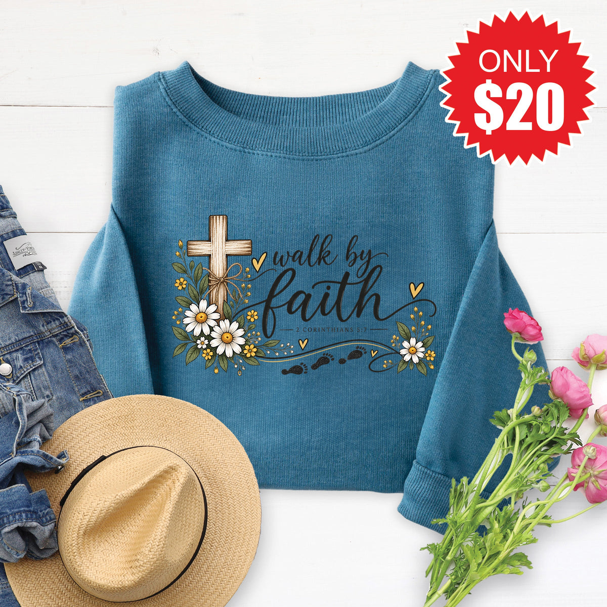 Walk By Faith Sweatshirt - Heather Deep Teal - 20 product image 1