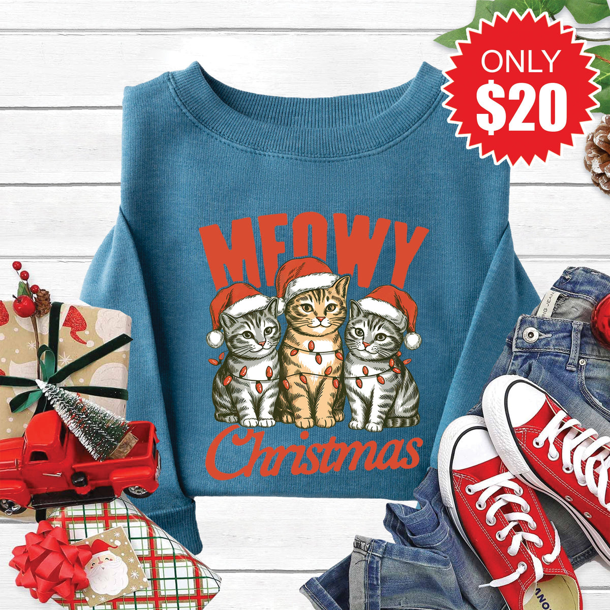 Meowy Christmas Sweatshirt - Heather Deep Teal - 20 product image 1