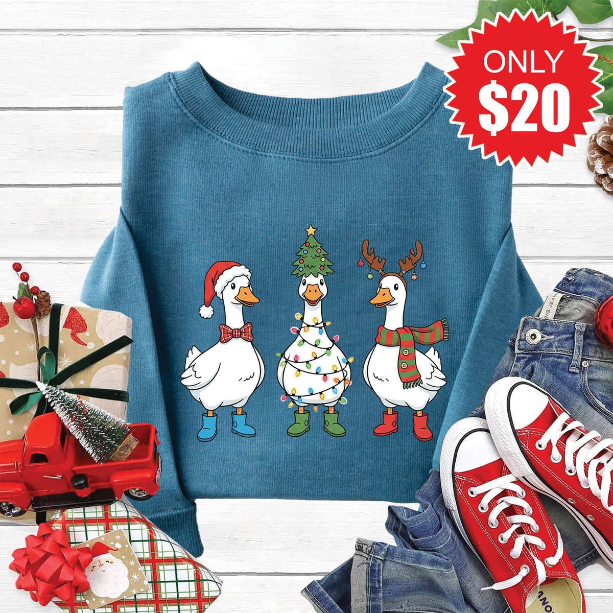 Christmas Ducks Sweatshirt - Heather Deep Teal - 20 product image 1