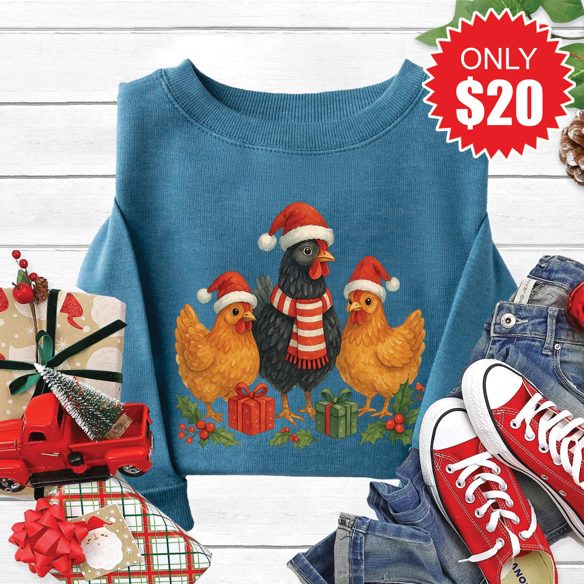 Christmas Chickens Sweatshirt - Heather Deep Teal - 20 product image 1