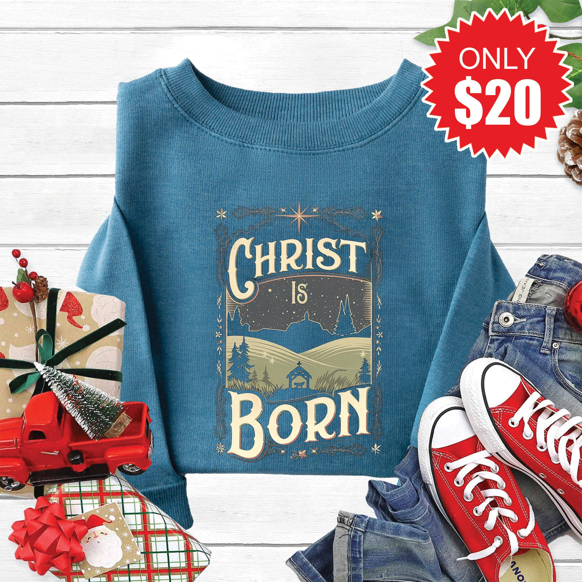 Christ Is Born Sweatshirt - Heather Deep Teal - 20 product image 1