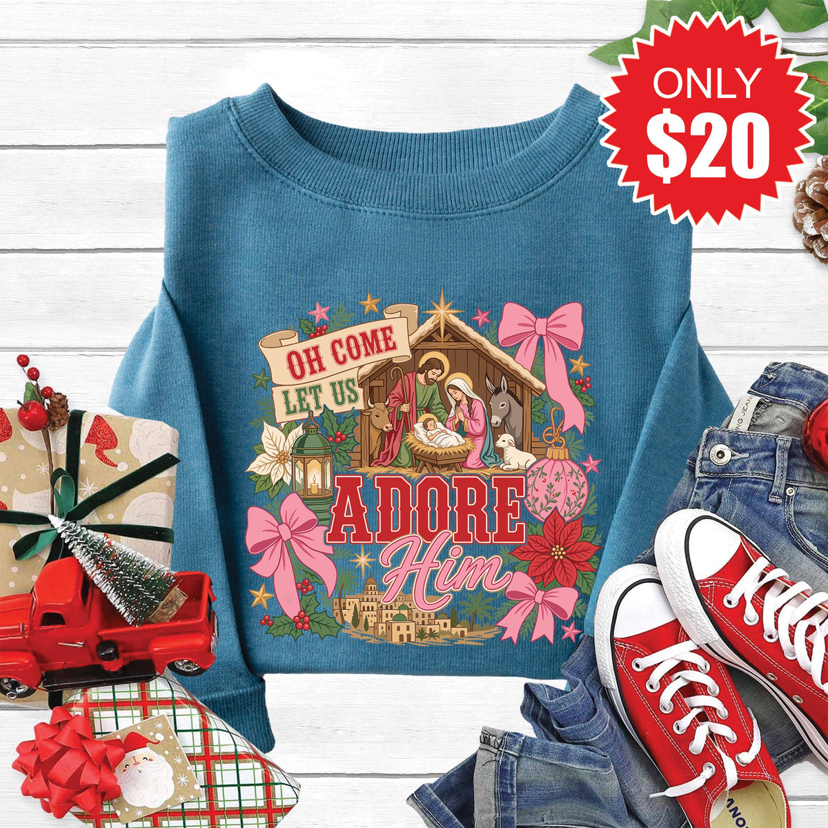 Oh Come Let Us Adore Him Sweatshirt - Heather Deep Teal - 20 product image 1