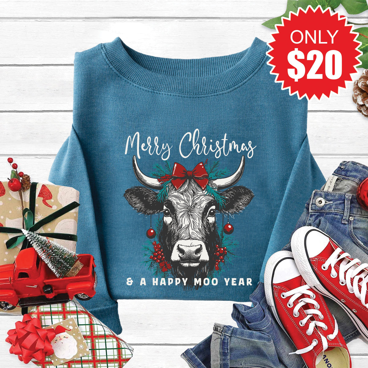 Happy Moo Year Sweatshirt - Heather Deep Teal - 20 product image 1