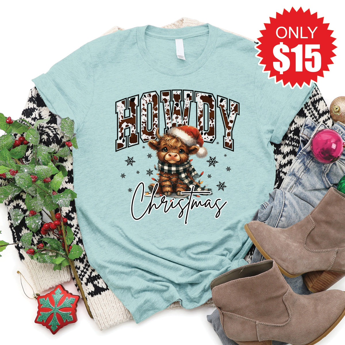 Howdy Christmas Tee - Heather Dusty Blue - 15 product image 1