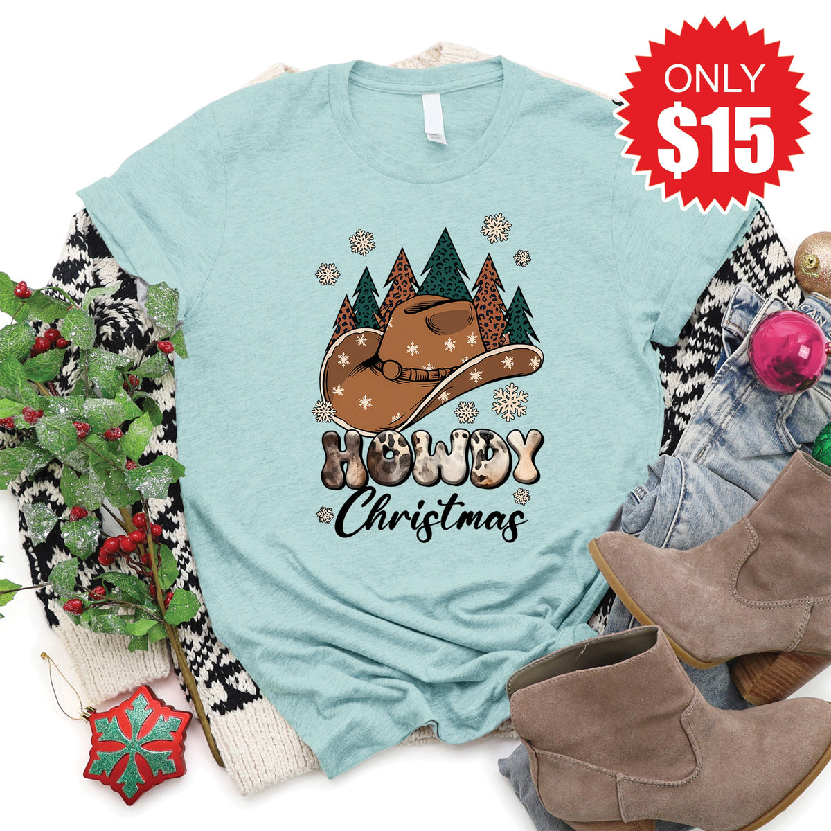 Howdy Christmas Tee - Heather Dusty Blue - 15 product image 1