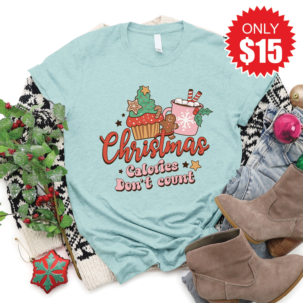 Christmas Calories Tee - Heather Dusty Blue - 15 product image 1