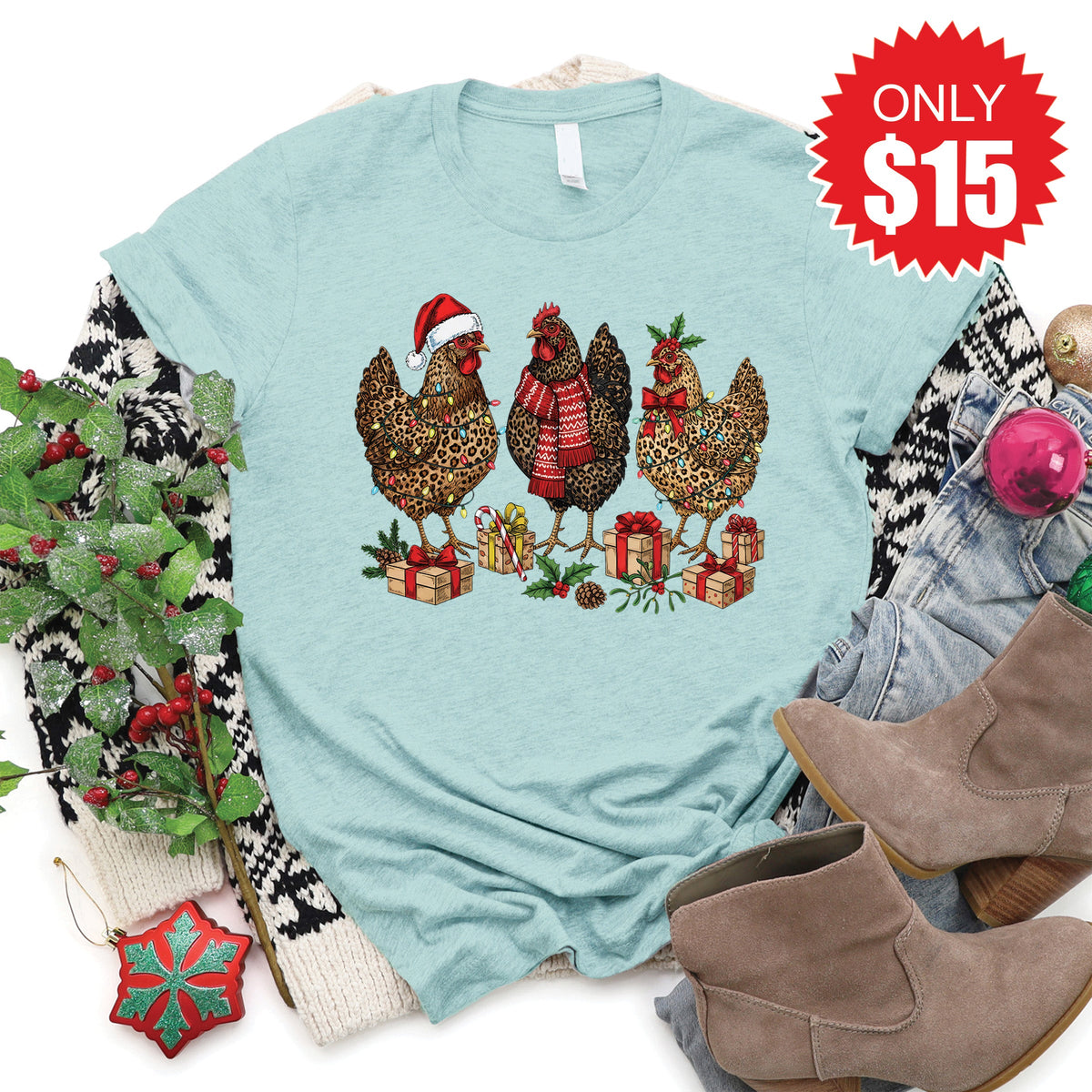 Christmas Chickens Tee - Heather Dusty Blue - 15 product image 1