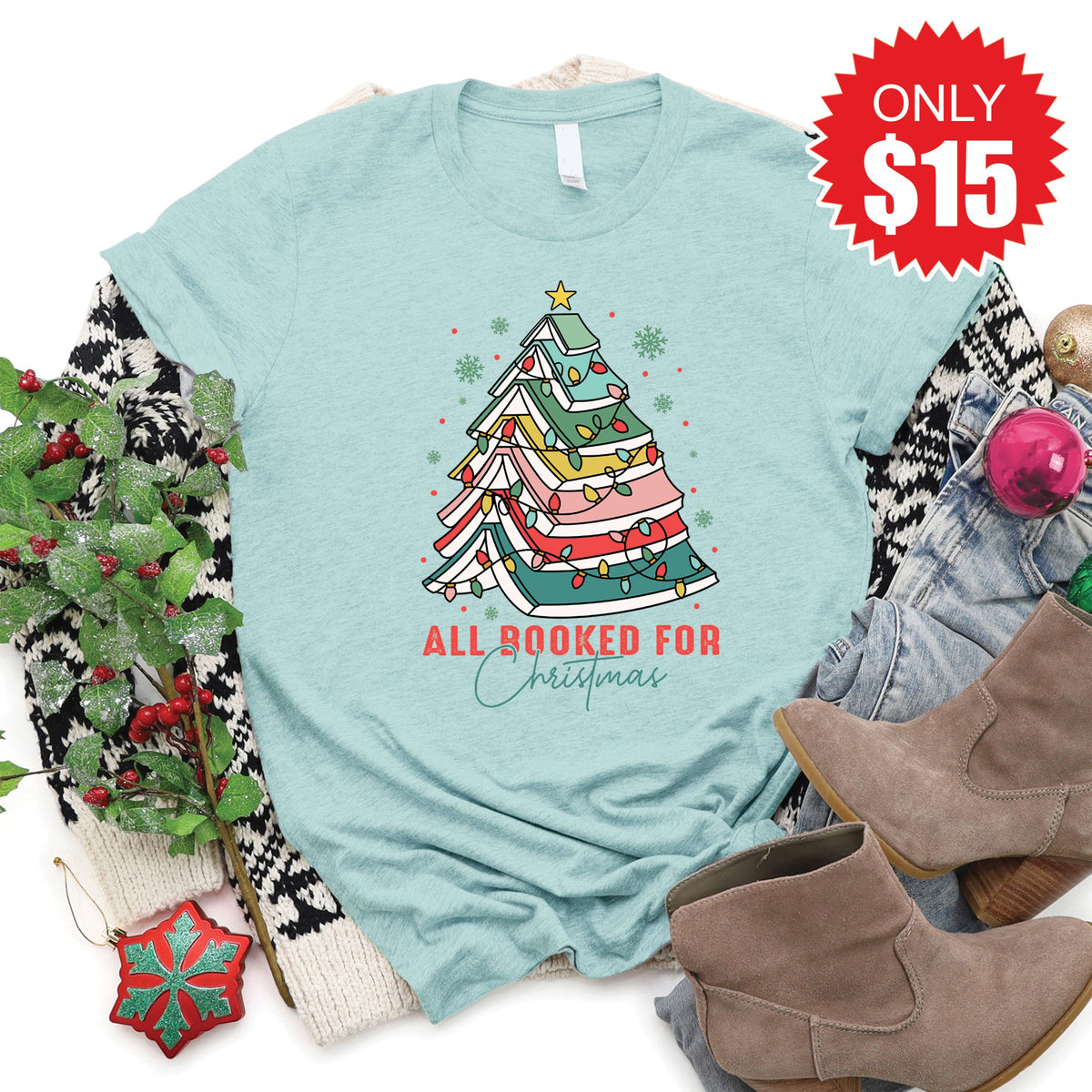 All Booked for Christmas Tee - Heather Dusty Blue - 15 product image 1