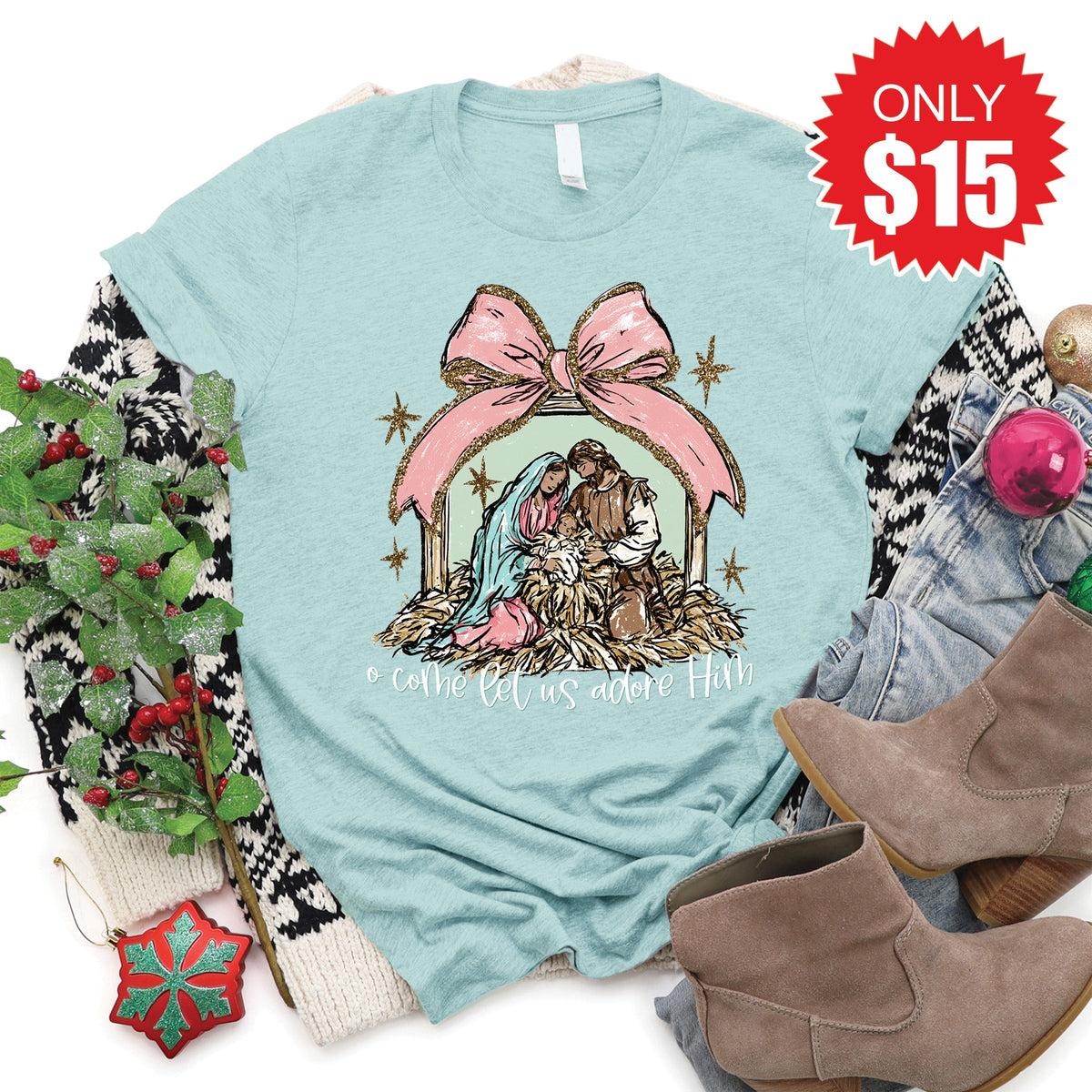 O Come Let Us Adore Him Tee - Heather Dusty Blue - 15 product image 1