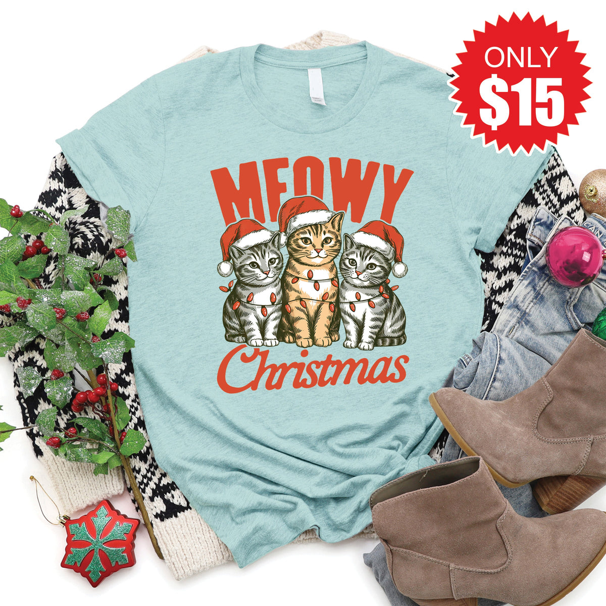 Meowy Christmas Tee - Heather Dusty Blue - 15 product image 1