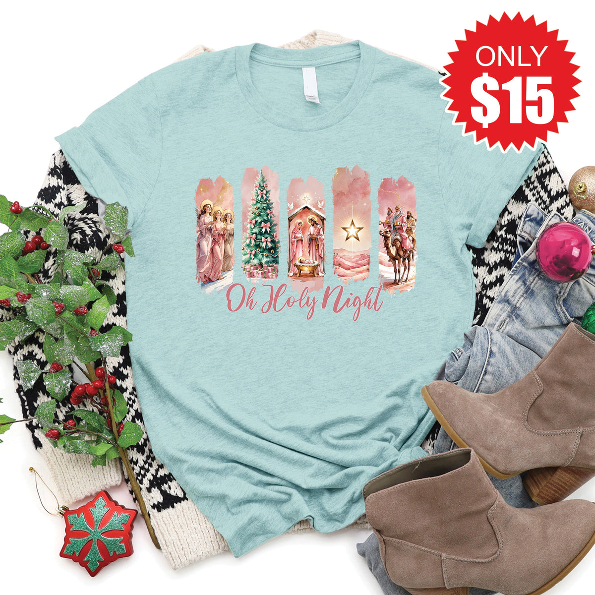 Oh Holy Night Tee - Heather Dusty Blue - 15 product image 1