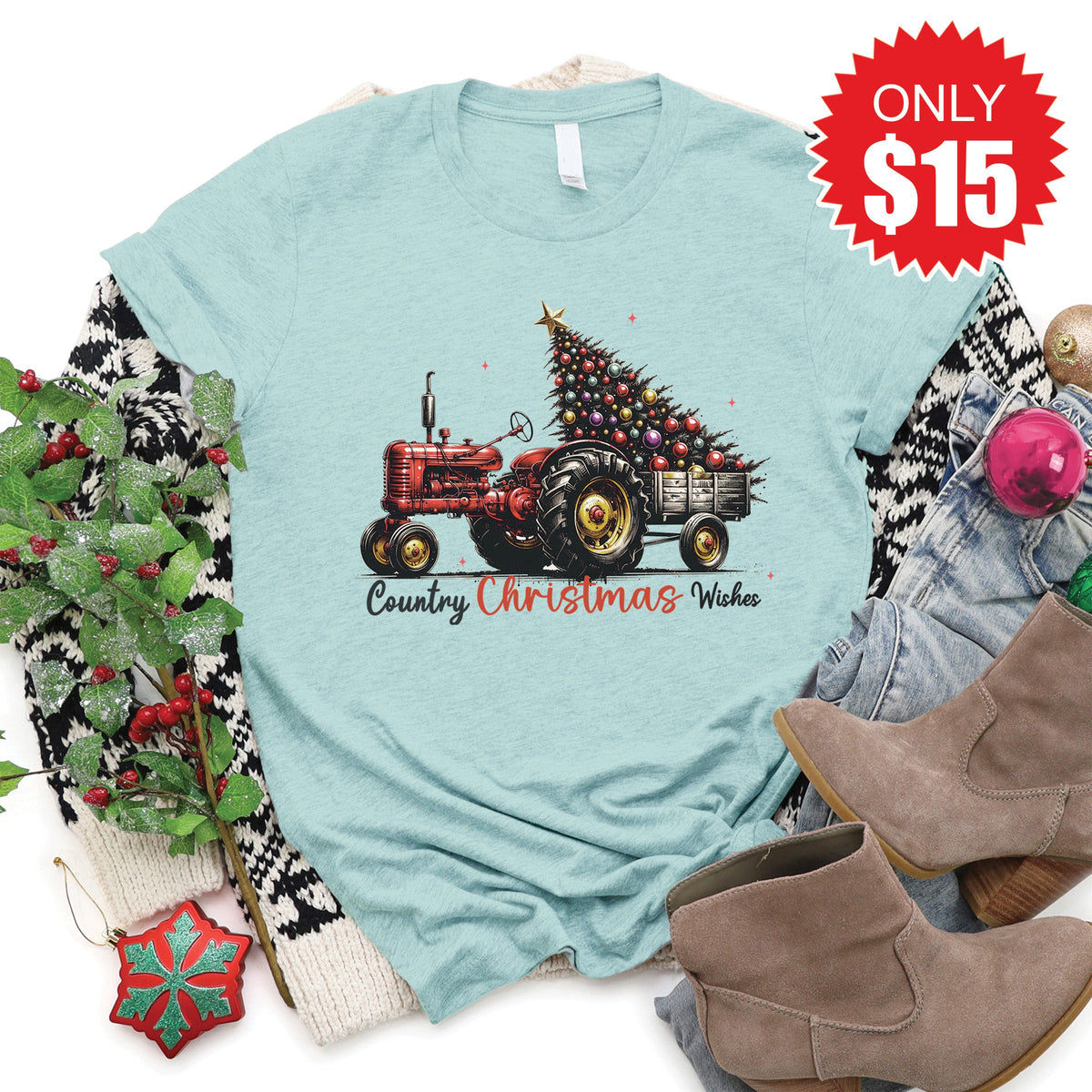 Country Christmas Wishes Tee - Heather Dusty Blue - 15 product image 1