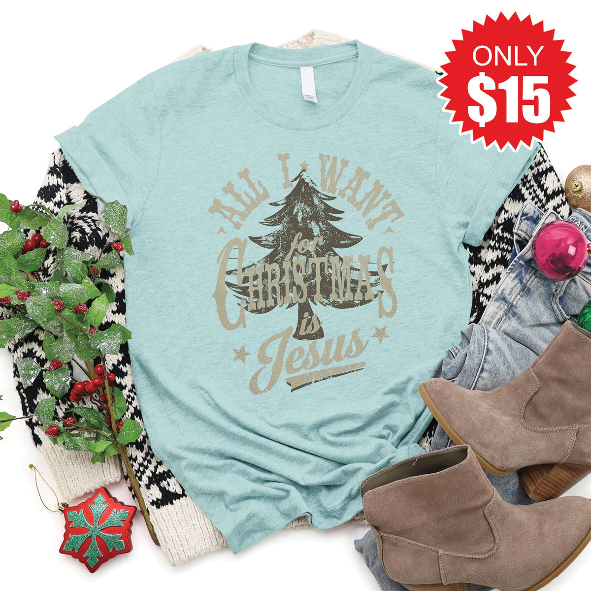 All I Want For Christmas Tee - Heather Dusty Blue - 15 product image 1