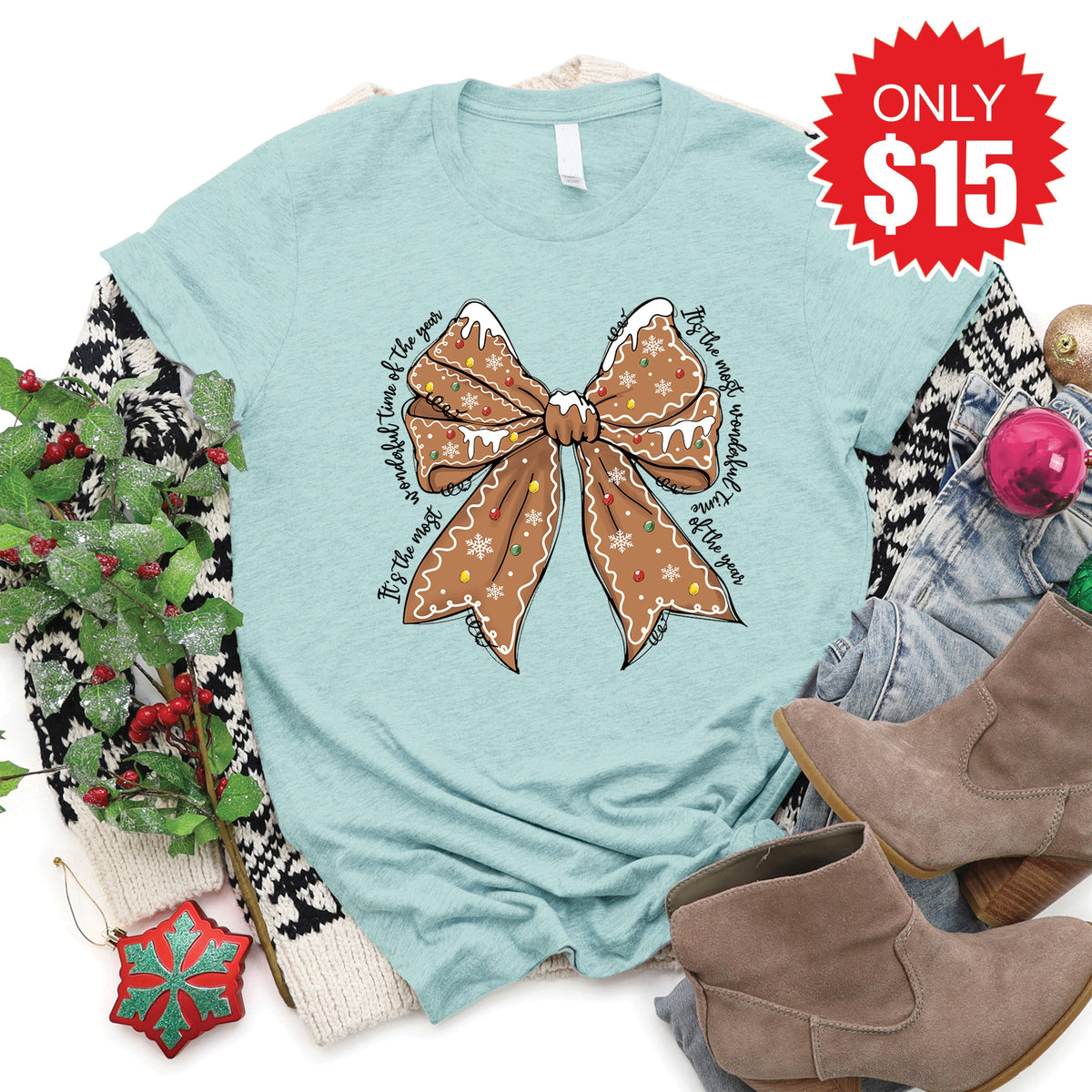 Gingerbread Bow Tee - Heather Dusty Blue - 15 product image 1