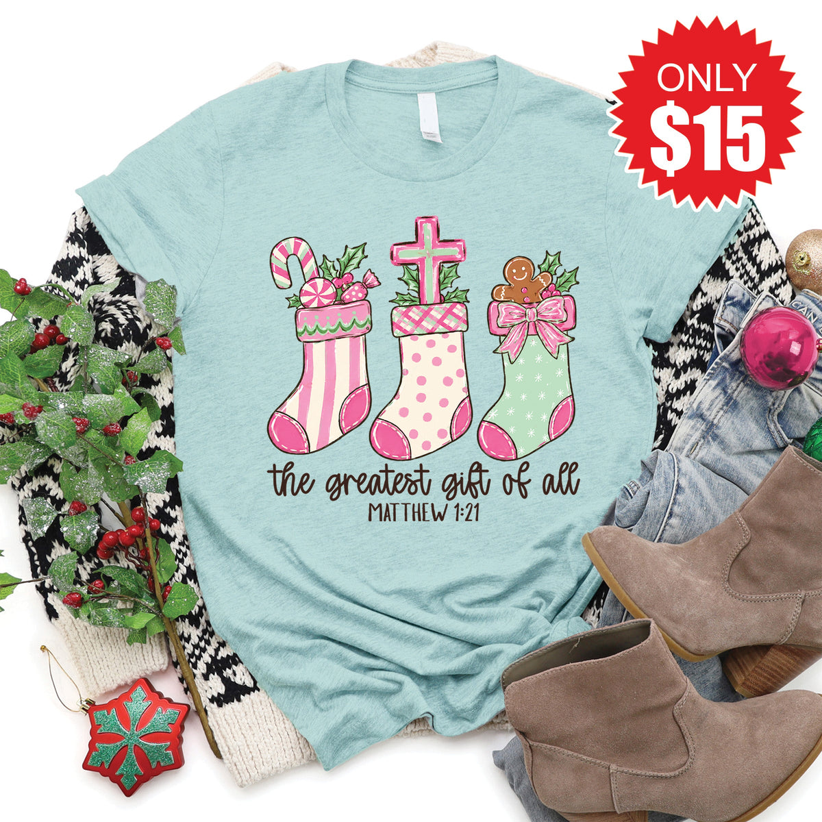 Greatest Gift Stockings Tee - Heather Dusty Blue - 15 product image 1
