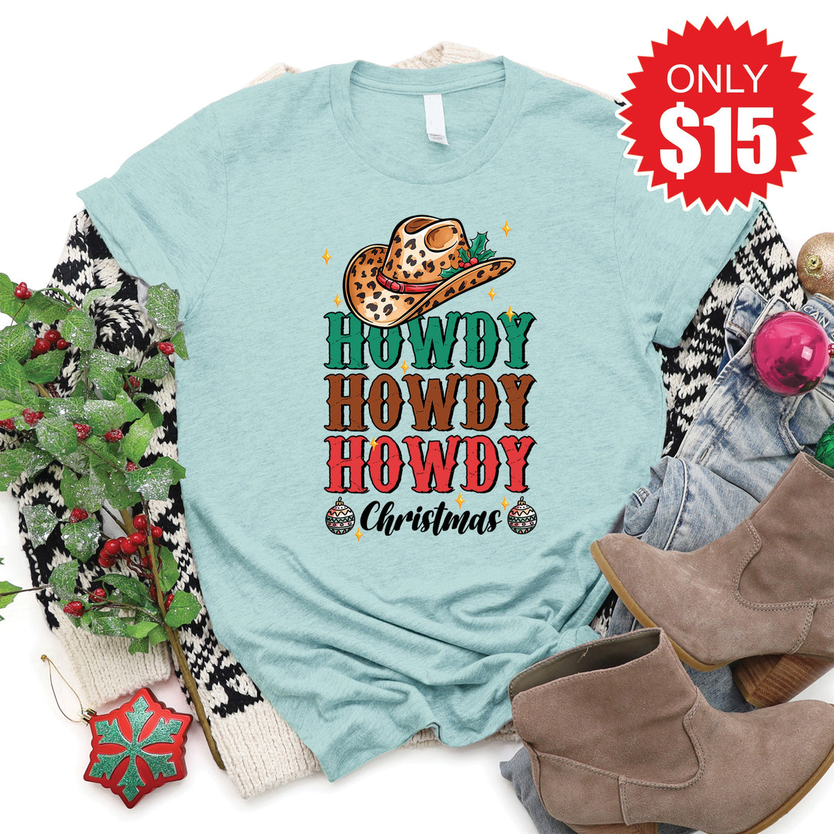 Howdy Christmas Tee - Heather Dusty Blue - 15 product image 1