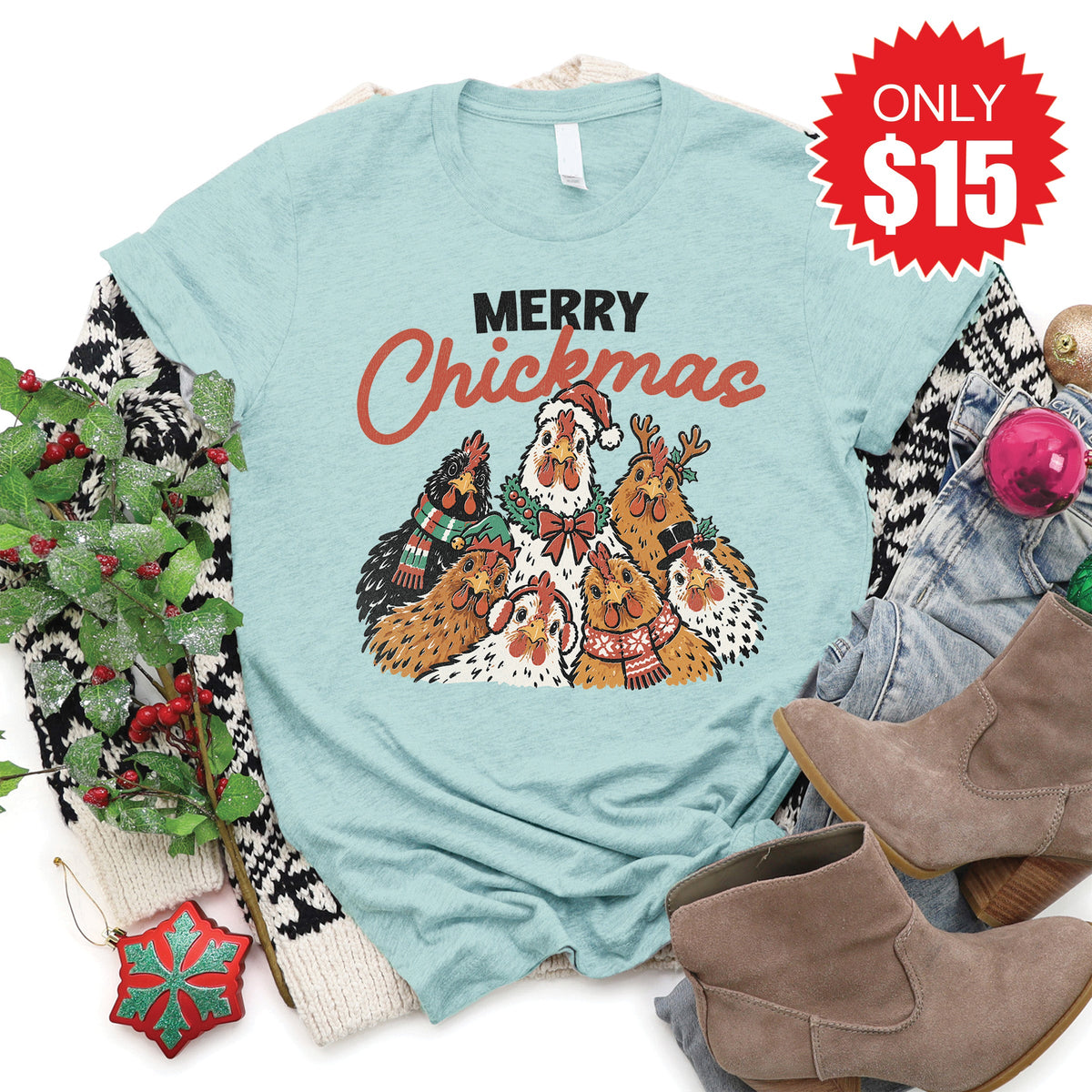 Merry Chickmas Tee - Heather Dusty Blue - 15 product image 1