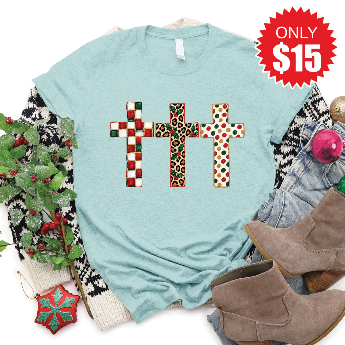 Christmas Crosses Tee - Heather Dusty Blue - 15 product image 1