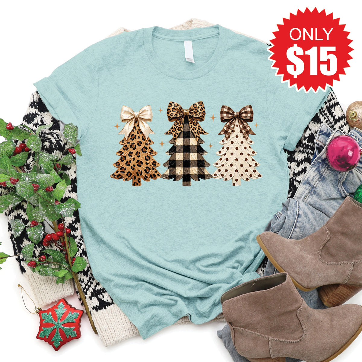 Leopard Christmas Trees Tee - Heather Dusty Blue - 15 product image 1
