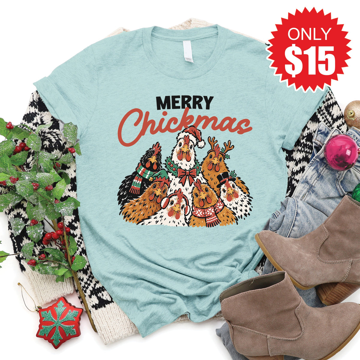 Merry Chickmas Tee - Heather Dusty Blue - 15 product image 1