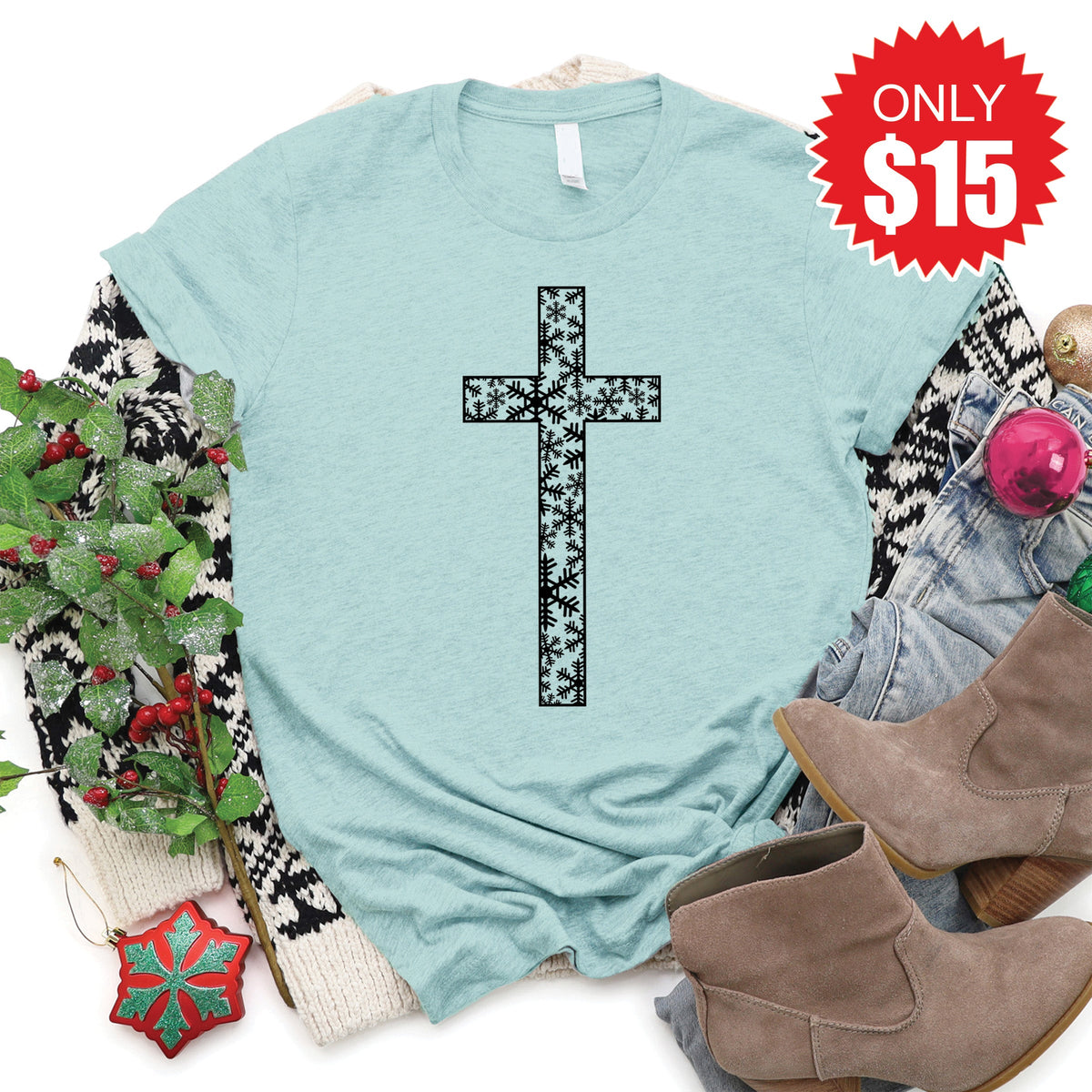 Christmas Cross Tee - Heather Dusty Blue - 15 product image 1