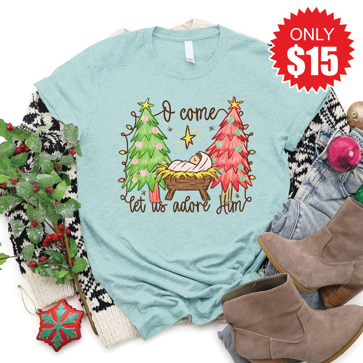 O Come Let Us Adore Him Tee - Heather Dusty Blue - 15 product image 1
