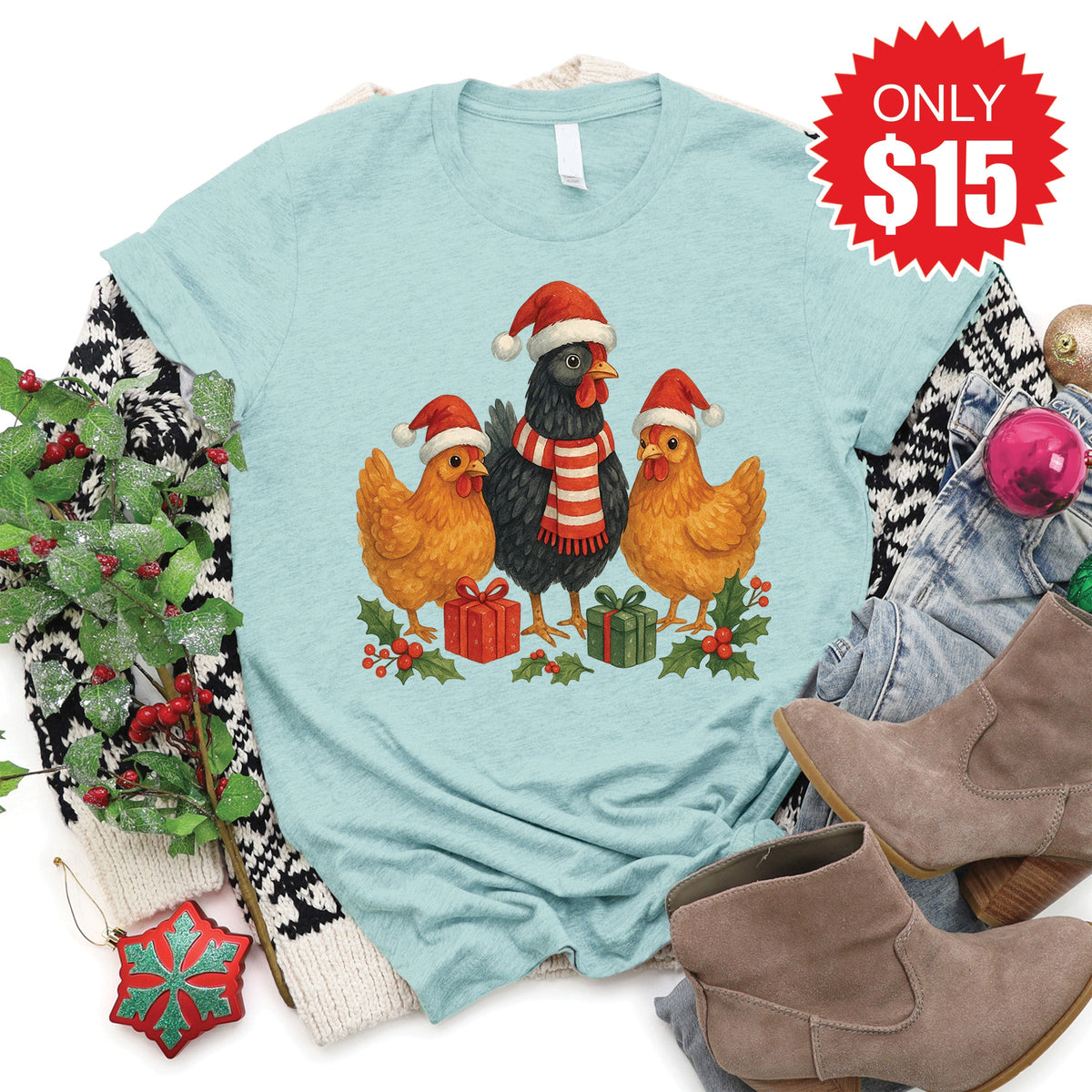 Christmas Chickens Tee - Heather Dusty Blue - 15 product image 1
