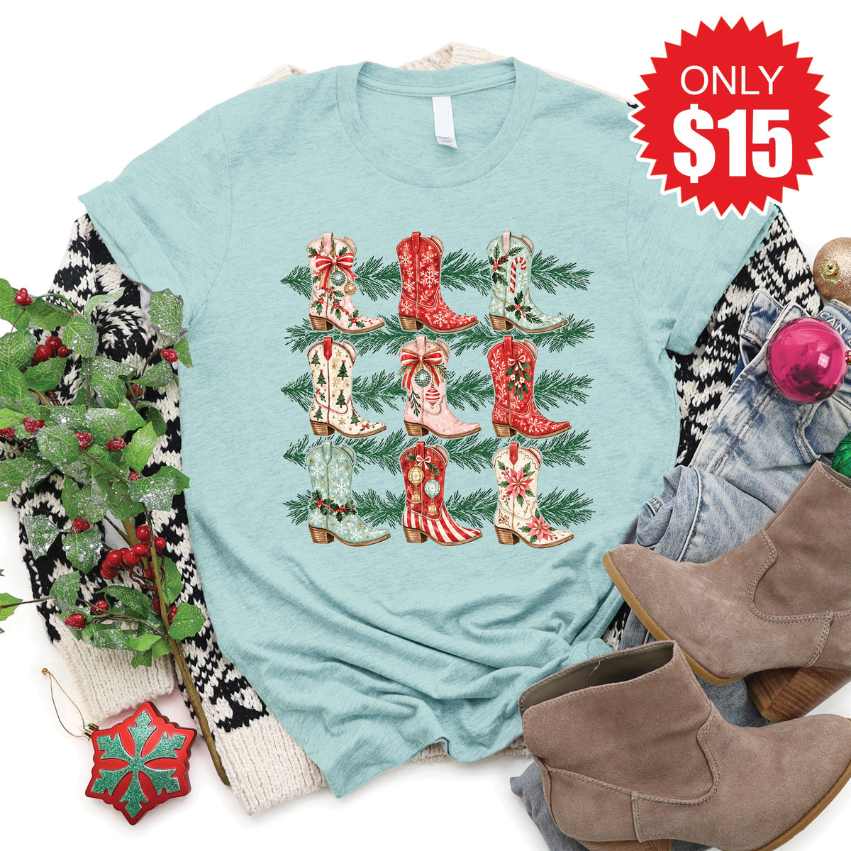 Christmas Boots Tee - Heather Dusty Blue - 15 product image 1