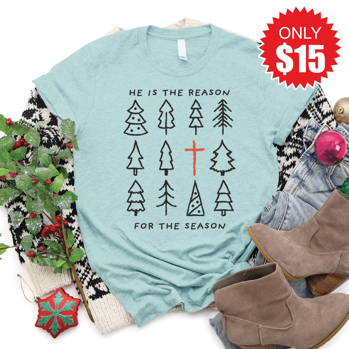 He Is The Reason Tee - Heather Dusty Blue - 15 product image 1