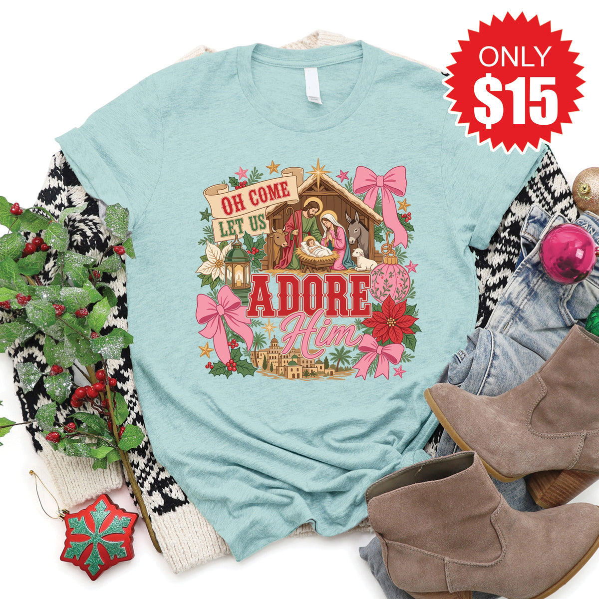 Oh Come Let Us Adore Him Tee - Heather Dusty Blue - 15 product image 1