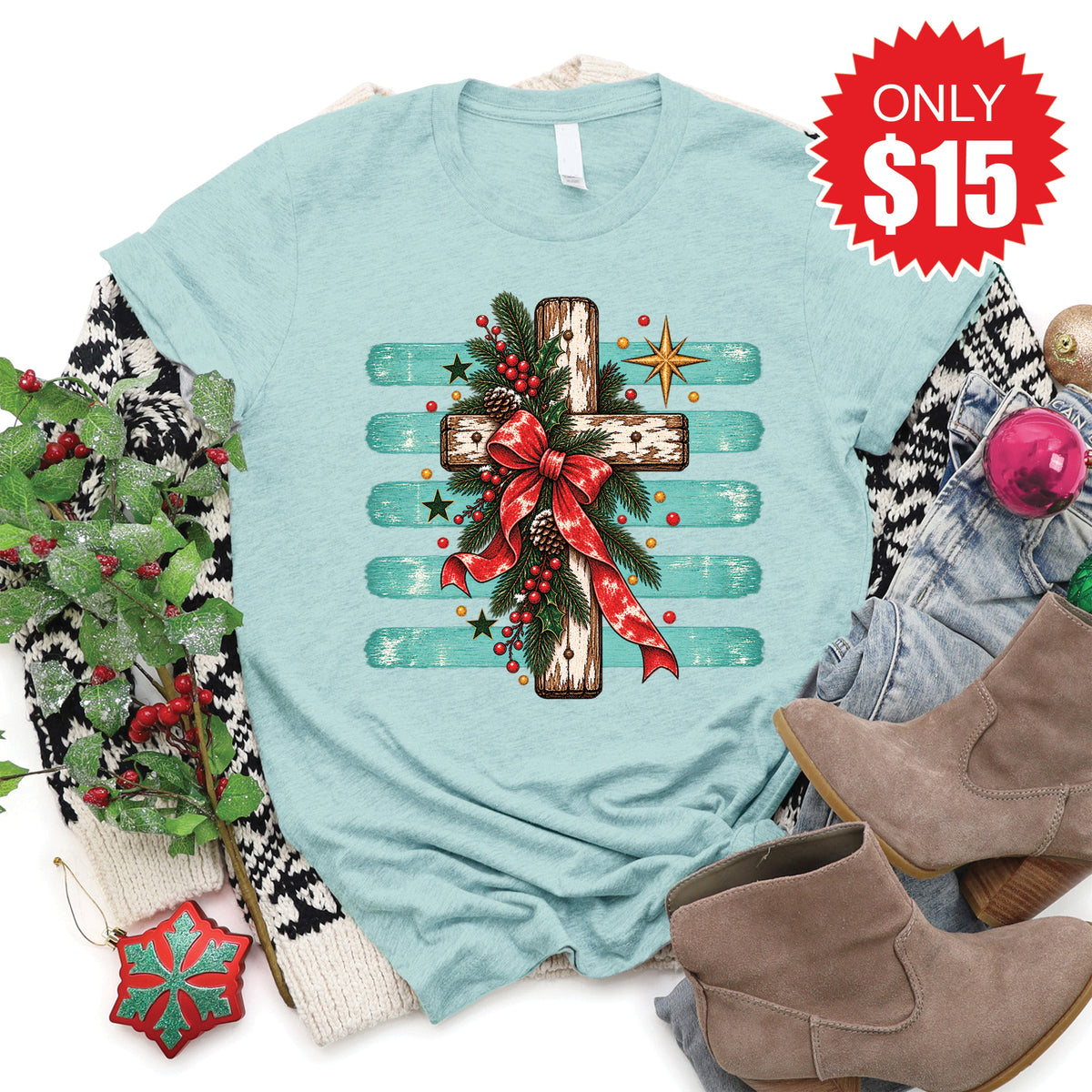 Christmas Cross Tee - Heather Dusty Blue - 15 product image 1