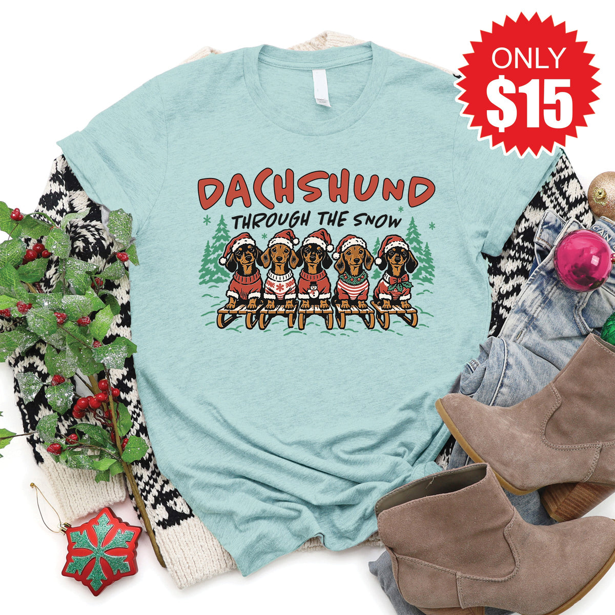 Dachshund Through The Snow Tee - Heather Dusty Blue - 15 product image 1