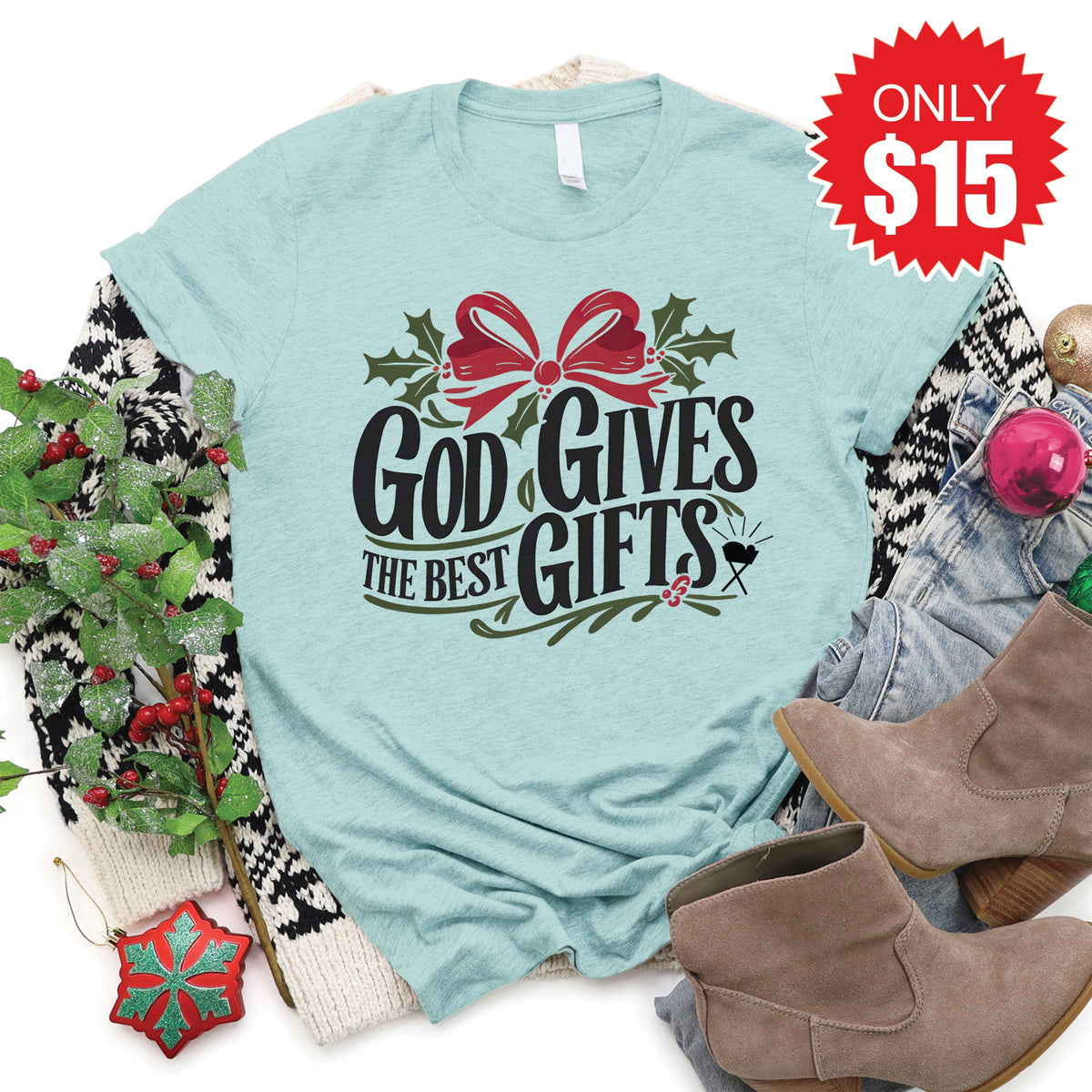 God Gives The Best Gifts Tee - Heather Dusty Blue - 15 product image 1