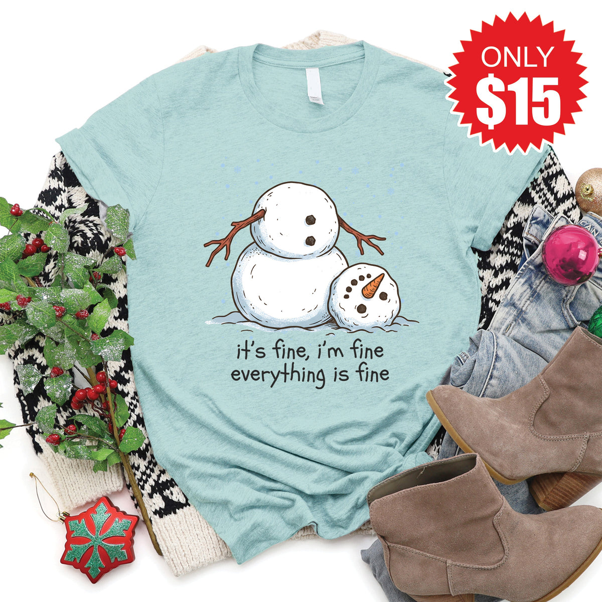 Its Fine Snowman Tee - Heather Dusty Blue - 15 product image 1