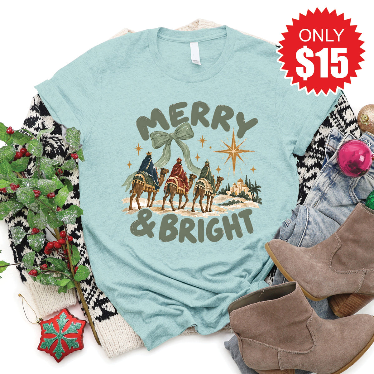 Merry and Bright Tee - Heather Dusty Blue - 15 product image 1